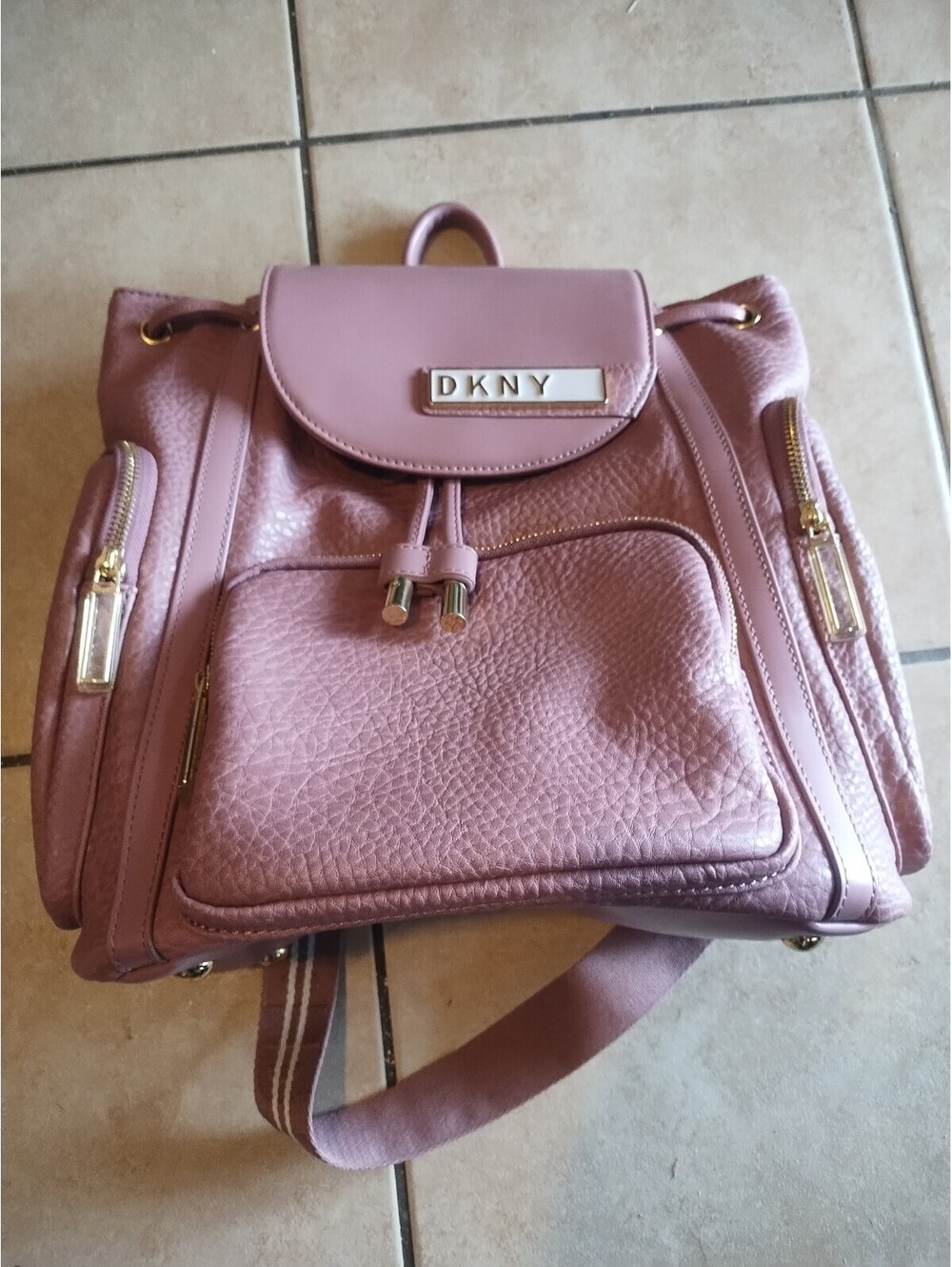 DKNY Pink Backpack Gold Hardware Drawstring Zip Women's Medium Outer Pockets
